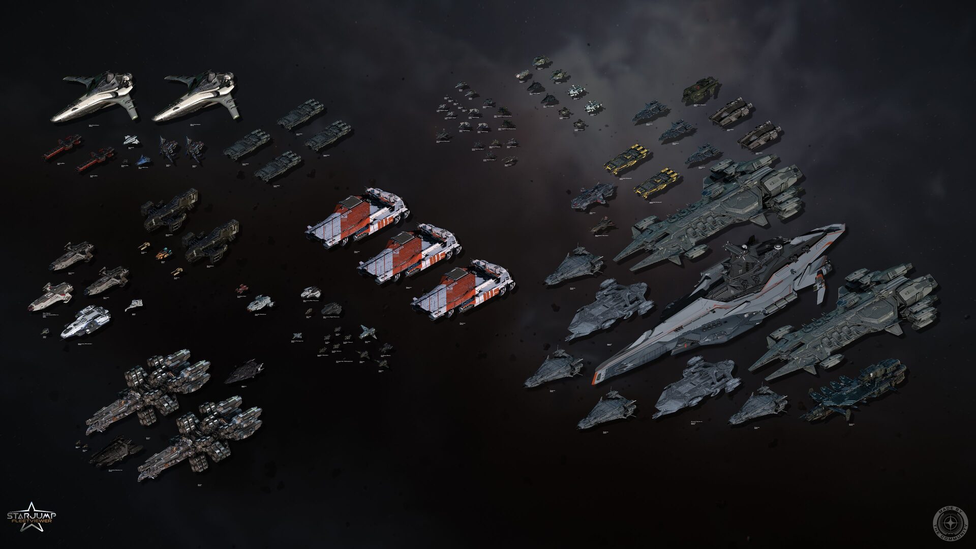 The GENCORP combined fleet — capital ships, industrial vessels, fighters and support craft arranged in formation